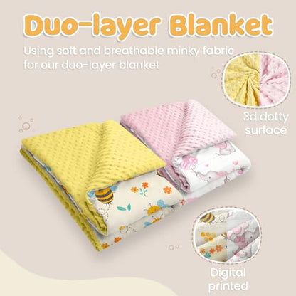 SANDJEST Minky Blanket 2 Pack with Dotted Back 30 x 40 Inches, Gift for Christmas Birthday (Bee, Elephant) - color: Bee X Elephant