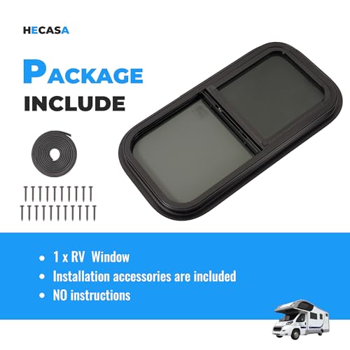 HECASA Universal RV Window 12" W x 24" H Vertical Slide Teardrop Window W/ | Trim Ring and Net Screen Tempered Glass Aluminium Plastic Rubber (1PC) - size: 12" W x 24" H