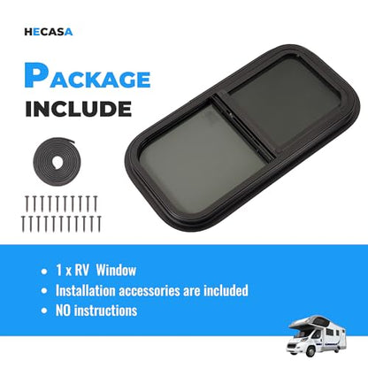 HECASA Universal RV Window 12" W x 24" H Vertical Slide Teardrop Window W/ | Trim Ring and Net Screen Tempered Glass Aluminium Plastic Rubber (1PC) - size: 12" W x 24" H