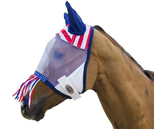 Derby Originals Horse Fly Mask with Ears and Nose Fringe, UV Blocking Fine Mesh, USA Stars and Stripes Design, 1 Year Limited Warranty - color: Red/White/Blue, size: Mini Horse (X-Small)