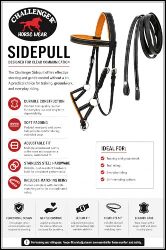CHALLENGER Horse Western Brown Leather Training Tack Bitless Sidepull Bridle Reins 7711 - color: Black/Light Tan, size: Cob Size