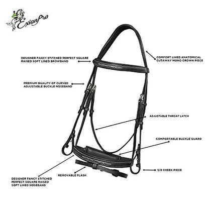 Exion Horse Snaffle Jumping Bridle with Removable Flash & Rubber Reins | Anatomical MonoCrown, Padded Noseband, Fancy Stitched Browband | English Bridle - color: Black, size: Pony/Small Size