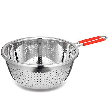 Stainless Steel Perforated Metal Colander Strainer with Long Red Handle Sieve Sifters Use for Kitchen Food Pasta Noodles Spaghetti Vegetables Silver - 10.24 inch (C072-Mer-26) - color: Red Single Handle 10.24 inch