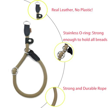 Braided Round Martingale Dog Collar, Training Collar with Slidable Stop Ring and Adjustable Stopper - Ideal for Large Dogs (L(1/2") - 20" Long, Khaki) - color: Khaki, size: L(1/2") - 20" Long with stopper