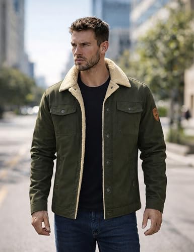 KEFITEVD Men's Winter Fleece Jacket Sherpa Lined Warm Cargo Trucker Coat - color: Army Green, size: Medium