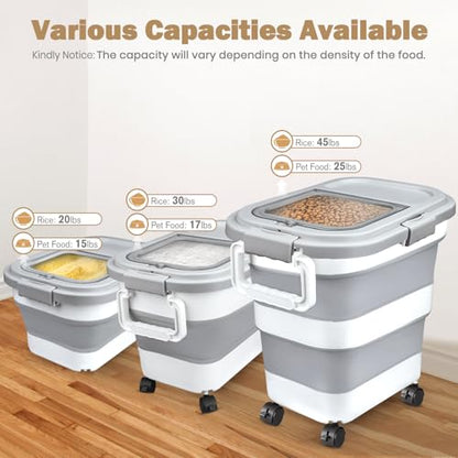 Komzon Rice Storage Container, Collapsible Airtight Food Storage Containers 20-30 Lbs, Rice Dispenser Bin with Cup and Scoop for Flour Cereal Pasta Grain, Cat Bird Pet Dog Food Storage Container - size: 20-30 Lbs