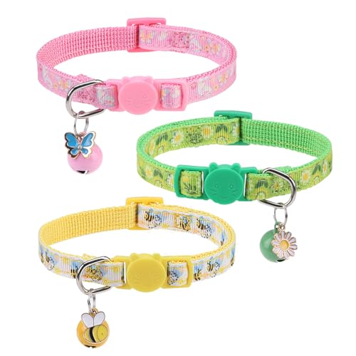 BINGPET Cat Collar Breakaway with Bell, Cute Kitten Collar,Flower and Bee - color: Flower Garden-3pcs