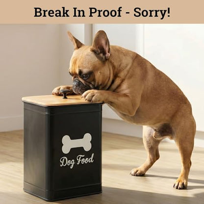 Metal Dog Food Container 5-7lb, 25 Cup w/ Airtight Bamboo Lid, Metal Handle - color: Black: Bone