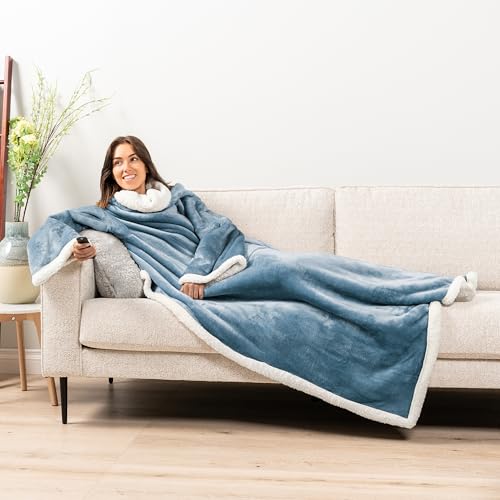 PAVILIA Sherpa Wearable Blanket with Sleeves and Pocket, Plush Thick Cozy Body Blanket Wrap for Adult Women Men, Christmas Gift for Wife Mom, Dusty Blue - color: Dusty Blue