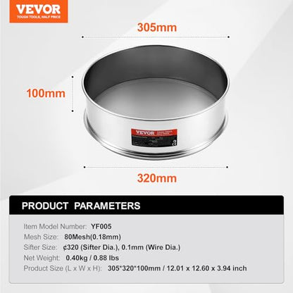 VEVOR Flour Sieve, 80 Mesh Strainer, 304 Stainless Steel Fine Mesh, Dia. 12.6", "Sifter for Baking, 5 Sizes Mesh hole for Mungbean, Rice, Flour, Pearl Powder - style: 80 Mesh