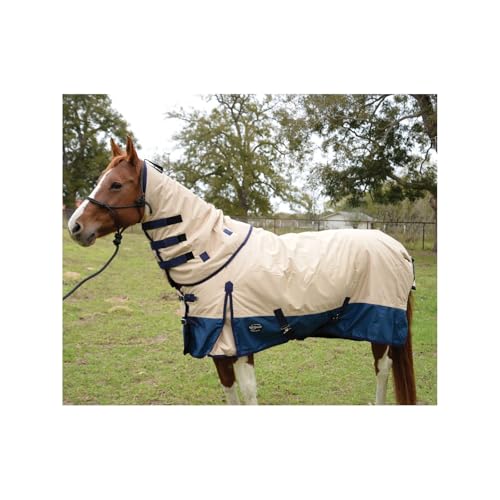 Reinsman Classic Turnout Winter Warm Horse Blanket with 200g Fill| Water-Resistant 600 Denier | Comfortable Fleece-Lined Adjustable Neck | Breathable Nylon Liner | Easy to Clean, Tan/Blue, 69"