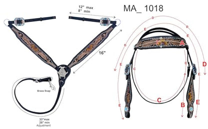 Majestic Ally Tooled Leather Western Headstall & Breast Collar Set – Handcrafted Leather, Classic Western Tack, Multiple Styles & Designs - style: 1018-BLK