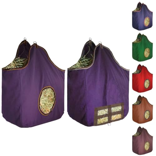 Derby Originals Large 24 OZ Canvas Horse Hay Bag 2 Sided Combo Design X Wide Gusset and 6 Month Warranty - color: Plum/Chocolate