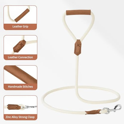 Mile High Life Dog Leash with Genuine Leather-Wrapped Ends/Handle, 4/5/6FT - color: Cream White, size: 48 Inch-1/2"