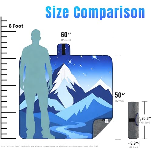 Tirrinia Waterproof Outdoor Blanket with Sherpa Lining, Windproof Foldable - color: Navy Mountain, size: 51” x 59”