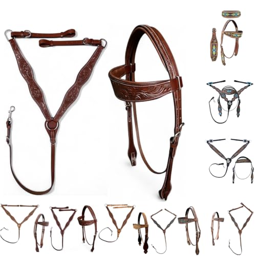 Majestic Ally Tooled Leather Western Headstall & Breast Collar Set – Handcrafted Leather, Classic Western Tack, Multiple Styles & Designs - style: 0986-TAN