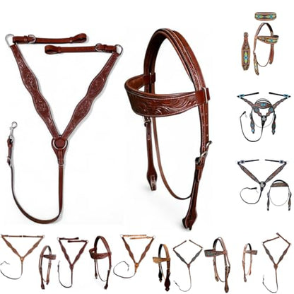 Majestic Ally Tooled Leather Western Headstall & Breast Collar Set – Handcrafted Leather, Classic Western Tack, Multiple Styles & Designs - style: 0986-TAN