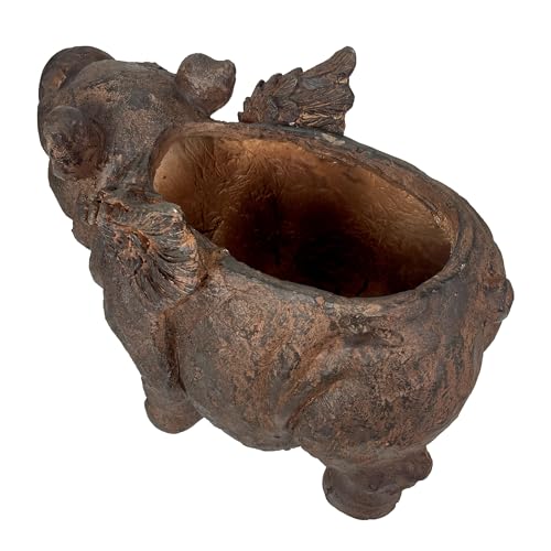 Zeckos Animal Planter, 17 Inch Flying Pig with Distressed Brown Finish | Magnesium Oxide, Drain Hole, 8 by 5 Inch Planting Opening, Indoor or Outdoor Use - color: Pig Wings - Brown
