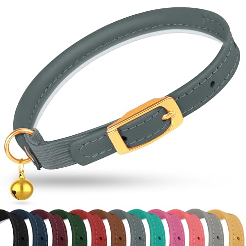 OOPSDOGGY Rolled Leather Cat Collar with Bell - Reflective Kitten Collar with Safety Elastic Strap - Adjustable Small Pet Collars for Boy Girl Cats (Denim) - color: Denim
