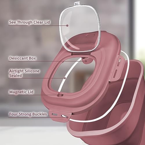 Komzon Rice Storage Bin Cereal Containers, 13-50lb Collapsible Rice Container Dispenser with Transparent Lid, Rolling Wheels, Measuring Cup and Scoop, Airtight Dog Cat Pet Food Storage Container Pink - color: Pink