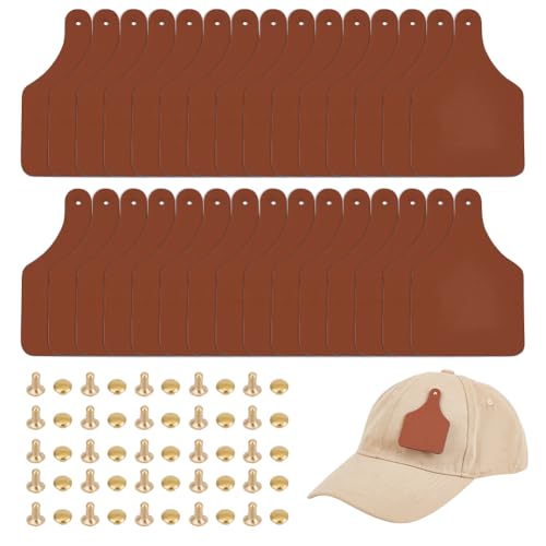 OLYCRAFT 30Pcs Cow Ear Tag Leather Patch 3x2x0.1 Inch Imitation Leatheres Brown Tags with 2mm Hole Blank Leather Patch with 30Pcs Brass Rivets 30Pcs Buttons Handmade Tag for DIY Labels Bags