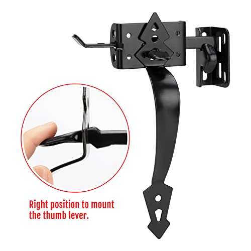 Thumb Gate Latch Hardware for Wooden Fence Heavy Duty, Self Closing Door Latches with 8" Decorative Handle, Gate Lock Kit for Outdoor Garden, Pool, Metal Gate, Vinyl Fence, Steel, Black Finish