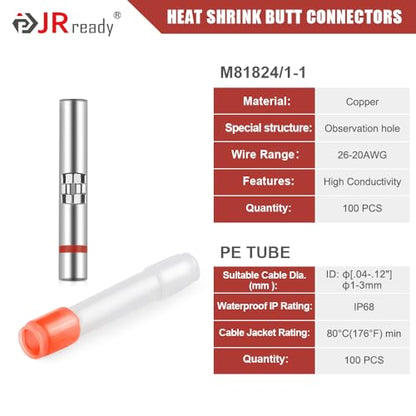 JRready 200 PCS Wire Connectors Heat Shrink IP68 Waterproof 26-20 AWG Crimp Splicing Butt Terminal and 3:1 PE Tube Insulation Butt Splicing Water Proof Red Wire Connectors ST6388-20-100 - color: 20# 100 Pairs
