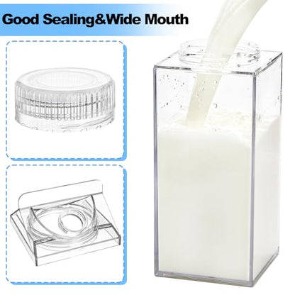 Bekith 2 Pack 64 Oz Large Milk Carton Water Bottle, Clear Plastic Milk Bottle with Cleaning Brush, Portable Leakproof Square Juice Bottle Reusable Milk Container for Outdoor Sports Travel Camping