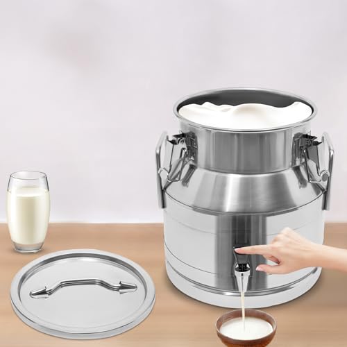Milk Can with Spigot, 201 Stainless Steel Milk Dispenser Container Pail, 5Gal Stainless Steel Water Jug 20L Hanging Lid Bucket Drink Beverage Dispenser for Oil Tea Wine - size: 20L/5.28Gal