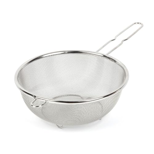 8″ Stainless Steel Fine Mesh Strainer with Feet – Standing Colander with Handle for Strain, Sift, Drain & Rinse Vegetables, Fruits & Pasta