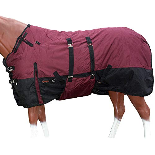 Horse Turnout Blanket Hilason 600D Waterproof Winter Blanket with Belly Wrap 250g Fill Rip-Stop Shell Fleece Wither Lining Wine Black - size: 78 In