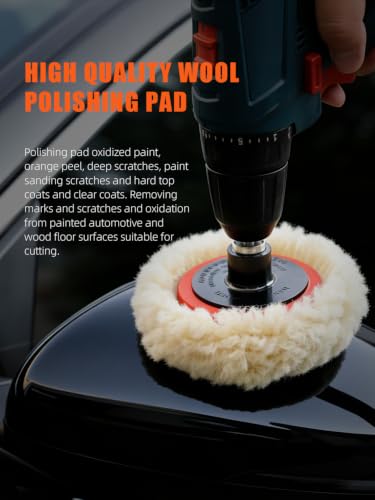 SPTA Wool Polishing Pad, 5Pcs 3"(75mm) 100% Natural Wool Buffing Pad with 1Pc Hook&Loop Backing Pad, 1Pc Extension Shank for Drill Polisher Cutting, Car Body Repair Buffing