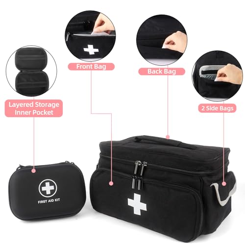First Aid Bag Empty Large 11.5x7.7x7 inch, with Hanging Bag, Empty First Aid Kit for Pet, Home, Car, Travel, Camping, Emergency Supplies Storage (Black)
