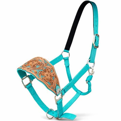 Majestic Ally Western Horse Bronc Halter, Turquoise Padded Leather Noseband, Antique Finish, Tooled Floral Design, Adjustable Nylon - style: Western Cross