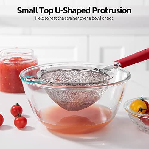 18/8 Stainless Steel Mesh Strainer: U-Taste 5.5 Inch Kitchen Fine Mesh Sieve Food Colander with Riveted Sturdy Silicone Handle and 30 Mesh Hole for Straining Flour, Pasta, Fruit, Quinoa (Red) - color: (4) Red, size: Medium (5.5 x 13 in)
