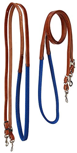 CHALLENGER Horse Western 8' Tan Leather Rubber Grip Contest Barrel Reins Black 805LR11BK - color: Tan/Royal Blue
