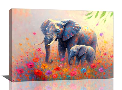 Funny Elephant Canvas Wall Art Colorful Flowers Elephant Painting Pictures Print Artwork Decoration for Bathroom Bedroom Nursery Wall Decor Canvas Framed Gifts 16”X24” - color: Banksy Elephant, size: 24"L x 16"W