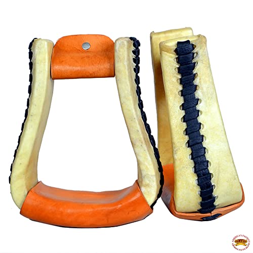 HILASON Horse Western Saddle Stirrup Rawhide Leather Stirrups Pair | for Barrel Racing Horses