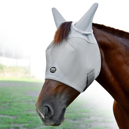 Horse Fly Mask with Ears, UV Block Breathable Mesh (Grey, M) | Large Eye Space, No Rub, High-Vis Color, Stay-in-Place Strap, Durable Mesh, Turnout Pasture & Daily Use - size: M