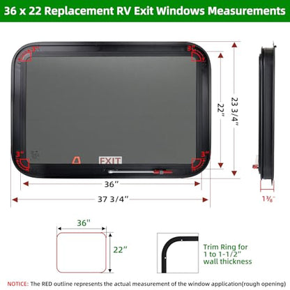 RV Exit Windows,36"W x 22"H RV Emergency Exit Windows for Cargo Trailer - size: 36"W x 22"H