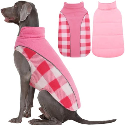 Kuoser Dog Winter Coat, Reversible Waterproof Dog Jacket with Leash Hole, Warm Dogs Fleece Vest Adjustable Doggy Cold Weather Clothes Plaid Christmas Outfit Pet Apparel for Extra Large Dogs, Pink 3XL - color: Pink, size: XXX-Large (Chest Girth: 35.4-43.3'