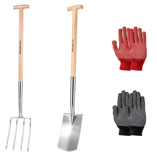 Garden Pitchfork Spade Set, 4-Tine Stainless Steel Pitchfork, 47" Heavy Duty Long Handled Spade with T-Handle/Ergonomic Beech Handle for Digging, Planting, Cultivating, Aerating