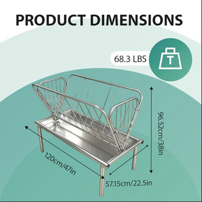 Heavy Duty Galvanized Steel Livestock Feeder, 4 Ft Outdoor Pasture Feeder, Large Capacity 2 in 1 Grain & Hay Rack with Steel Frame & 6” Deep Feed Pan, for Goats, Cow, Sheep, Horses