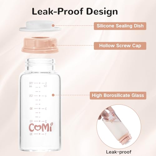 COMI Natural Glass Baby Bottle,Standard Neck Breastmilk Storage Bottle for Fridge,Breast Milk Container,Breast Pump Bottle Compatible with Medela Breast Pump,BPA Free,2PCS (5oz,2 Pink Lids) - style: 2Pink