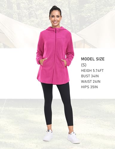 MoFiz Womens Long Soft Polar Fleece Jacket Full Zip with Hood - color: Jacket-rose Red, size: Small