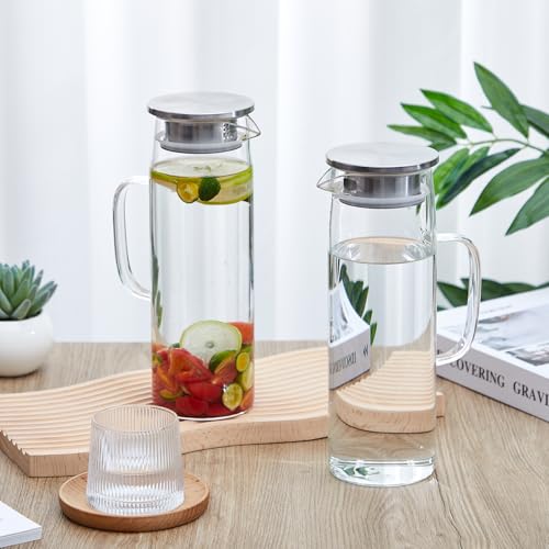 Hsei 2 Sets Glass Pitcher with Lid, 50 oz / 1500 ml Water Carafe with Handles Hot Cold Beverage Water Jar Glass Jug for Tea Juice Milk Coffee Iced Beverage - color: Stainless Steel Lid, size: 1.5l