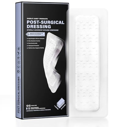 EVERLIT Post-Surgical Dressing | Sterile Waterproof Adhesive Dressing for Post-Operative Wound Care | Hypoallergenic Silicone Coated Bandage for Surgical Incision Pack of 5 (4" x 12") - size: 4" x 12"