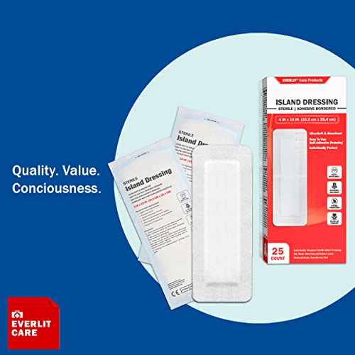 EVERLIT Island Dressing Bordered Gauze | Large Wound Care Bandage with Adhesive Border| Sterile, Soft & Highly Absorbent Medical Grade Dressing Pad (4x10 Inch (Pack of 25)) - size: 4x10 Inch (Pack of 25)