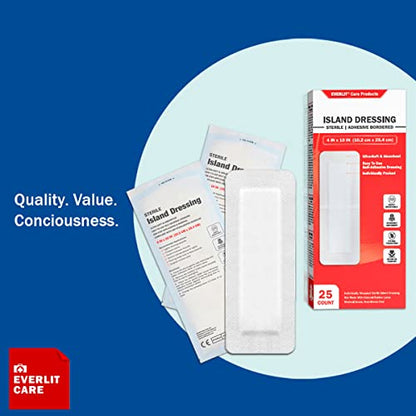 EVERLIT Island Dressing Bordered Gauze | Large Wound Care Bandage with Adhesive Border| Sterile, Soft & Highly Absorbent Medical Grade Dressing Pad (4x10 Inch (Pack of 25)) - size: 4x10 Inch (Pack of 25)