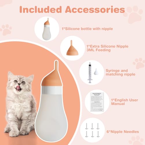 Silicone Kitten/Puppy Feeding Bottle, Squeezable, 3.2oz White | Soft silicone squeezes to control flow. Anti-choke vent. Kit includes syringe, extra nipples, needles for safe feeding.